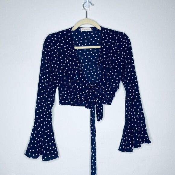Revolve Eight Sixty Navy Cream Polka Dot Wrap Front-V Bell Sleeve Crop Top SM - Picture 2 of 9